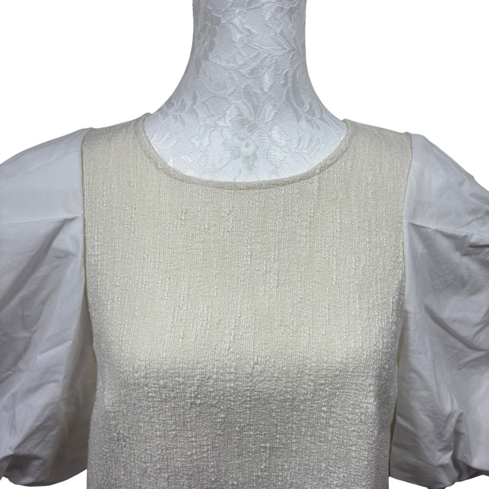 Anthropologie Cream White Boucle Knit Poplin Puff Sleeve Top Blouse Women Medium - Picture 3 of 9